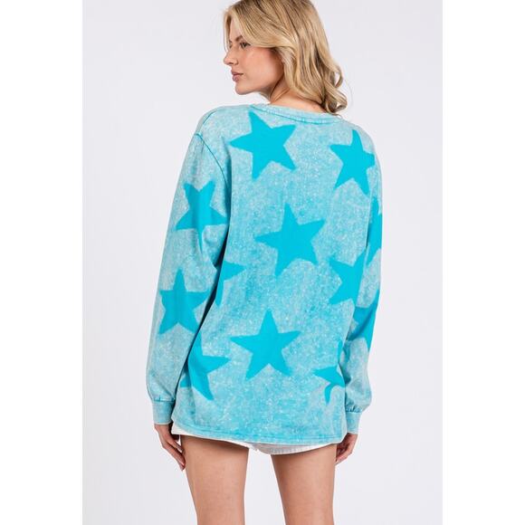 SAGE + FIG Mineral Wash Star Graphic Print Long Sleeves T-Shirt | Aqua Blue - Picture 3 of 6